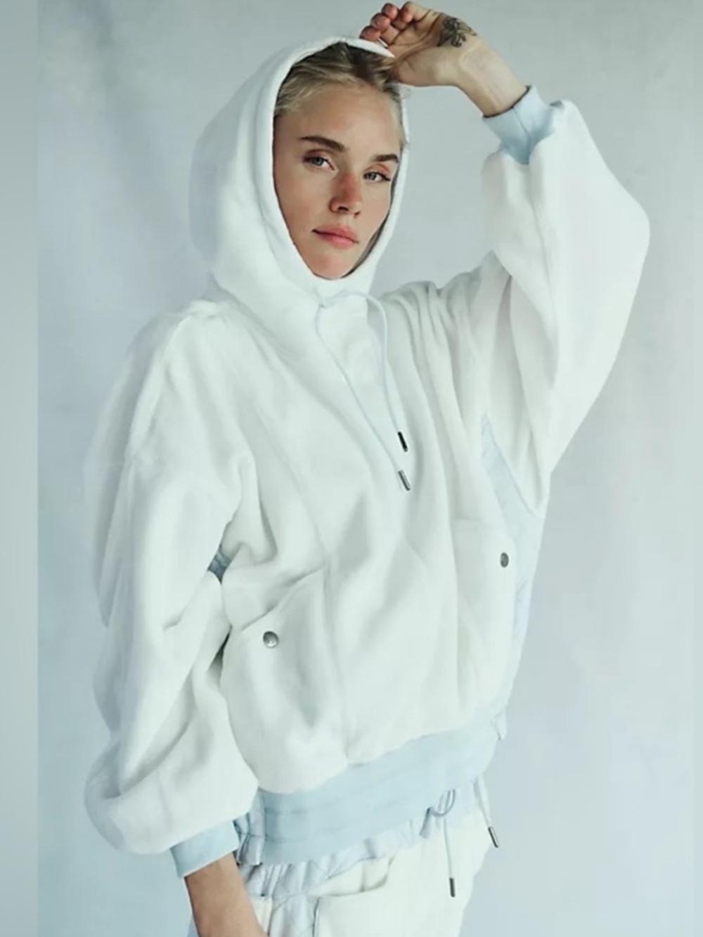 Free People Cream Fleece Hoodie with Light Blue Drawcords